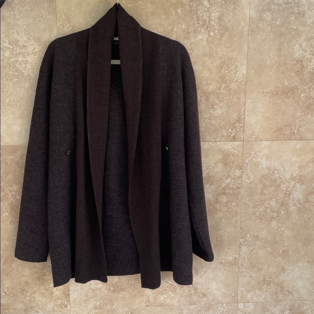 Elena Solano Cardigan Sweater Size XL Wool Open Front Shawl Collar Brown - Picture 4 of 12